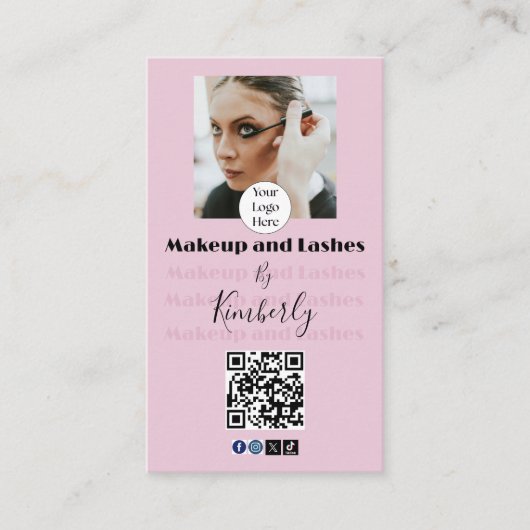 Blush Pink Script Logo QR Code Photo Makeup/Lashes 名刺 (正面)