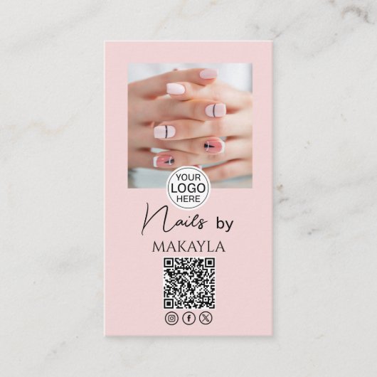 Blush Pink Script Logo QR Code Photo Nail Salon 名刺 (正面)