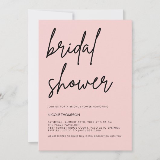 Blush Pink Script Modern Bridal Shower Invitation  招待状 (正面)