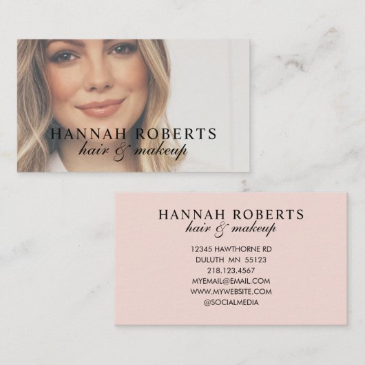 Blush Pink Script Photo Hair Makeup 名刺 (正面/裏面)