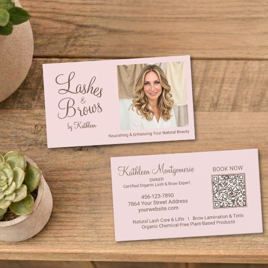 Blush Pink Script Photo QR Code Lashes and Brows 名刺