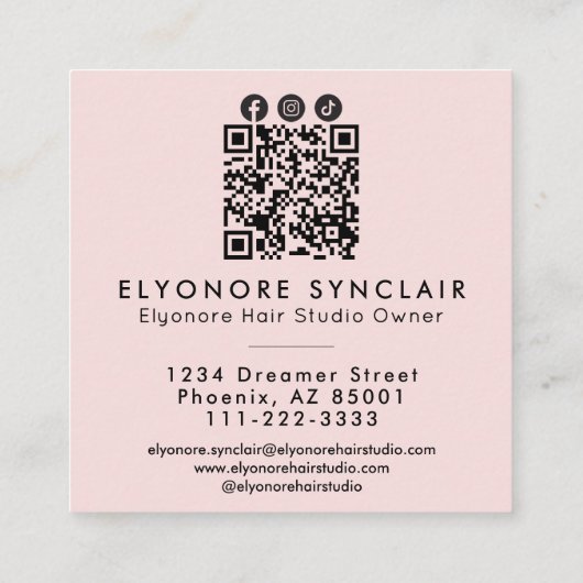Blush Pink Script Photo QR Social Hair Extension スクエア名刺 (裏面)