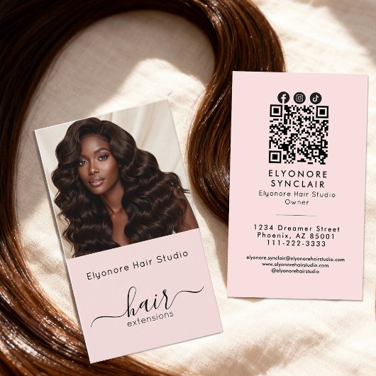 Blush Pink Script Photo QR Social Hair Extension 名刺