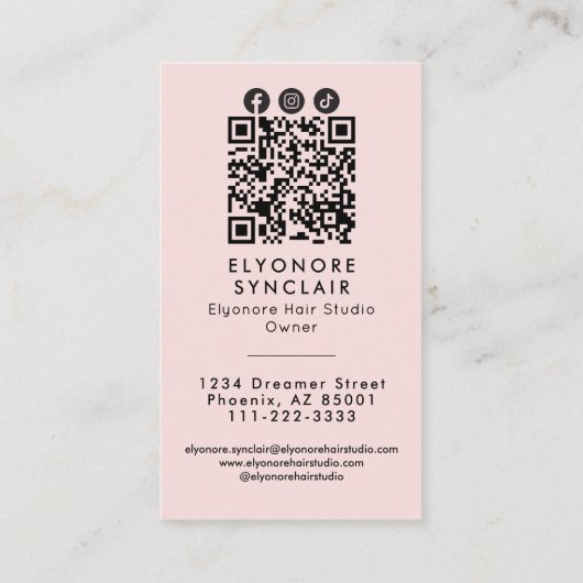 Blush Pink Script Photo QR Social Hair Extension 名刺 (裏面)