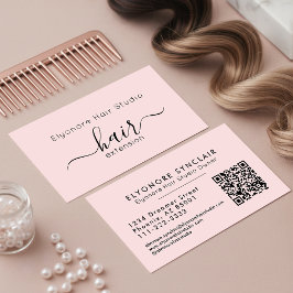 Blush Pink Script QR Code ヘアエクステンション 名刺