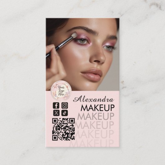 Blush Pink Script QR Code Photo Makeup 名刺 (正面)
