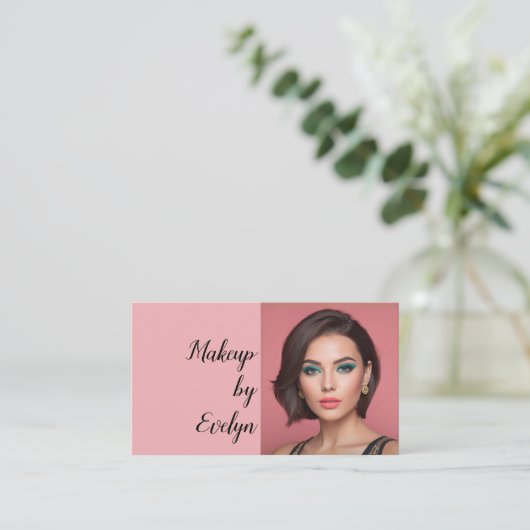 Blush Pink Script QR Code Photo Makeup 名刺 (スタンド正面)