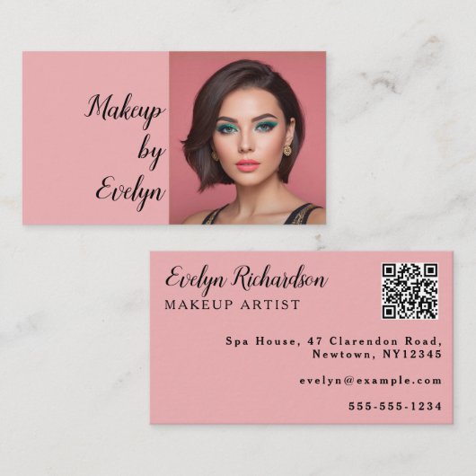 Blush Pink Script QR Code Photo Makeup 名刺 (正面/裏面)