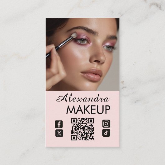 Blush Pink Script QR Code Photo Makeup 名刺 (正面)