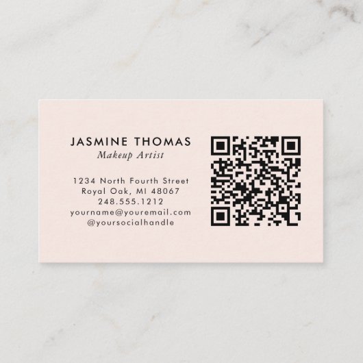 Blush Pink Script QR Code Photo Makeup 名刺 (裏面)