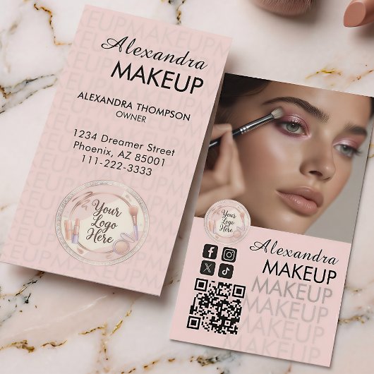 Blush Pink Script QR Code Photo Makeup 名刺