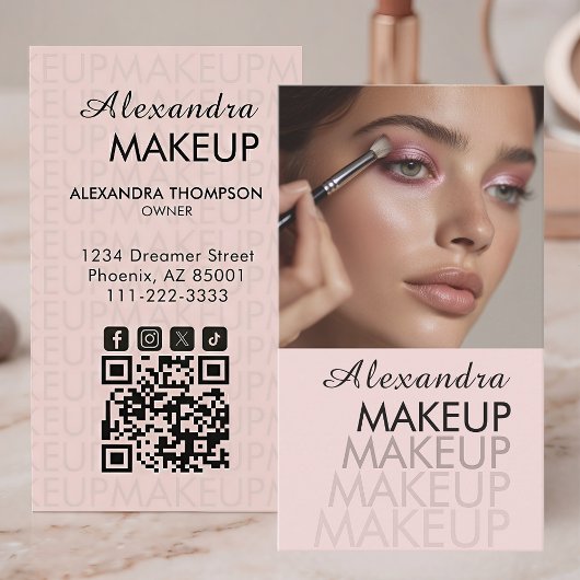 Blush Pink Script QR Code Photo Makeup 名刺