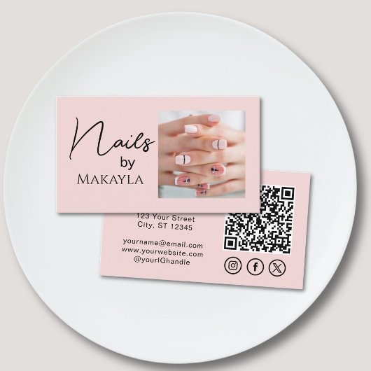 Blush Pink Script QR Code Photo Nail Salon 名刺