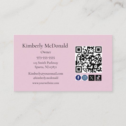 Blush Pink Script Social Icon QR Code Photo Lashes 名刺 (裏面)