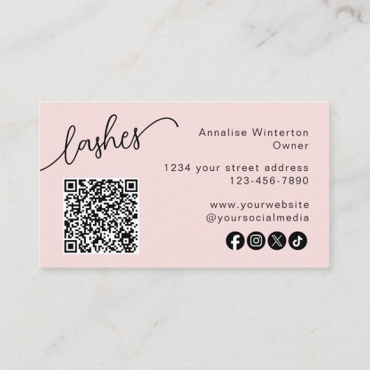 Blush Pink Script Social Icon QR Code Photo Lashes 名刺 (裏面)