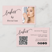 Blush Pink Script Social Icon QR Code Photo Lashes 名刺 (正面/裏面)