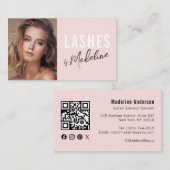 Blush Pink Script Social Icon QR Code Photo Lashes 名刺 (正面/裏面)