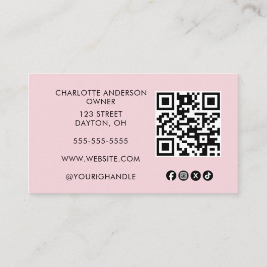 Blush Pink Script Social Icon QR Code Photo Makeup 名刺 (裏面)