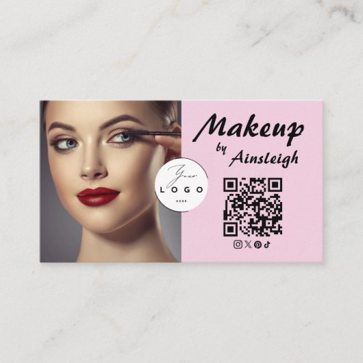 Blush Pink Script Social Icon QR Code Photo Makeup 名刺 (正面)