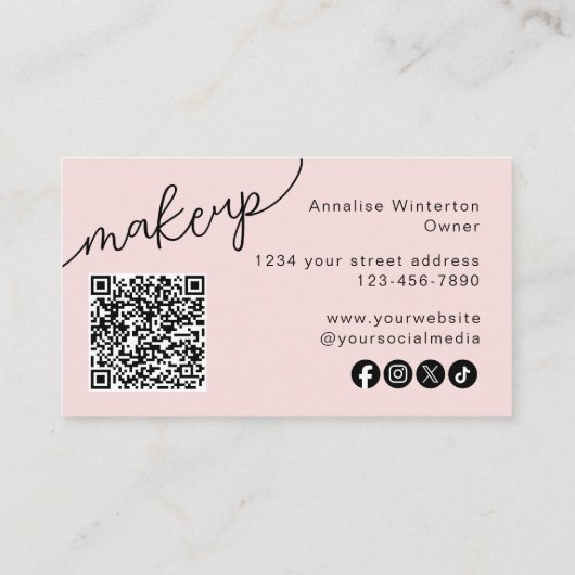 Blush Pink Script Social Icon QR Code Photo Makeup 名刺 (裏面)