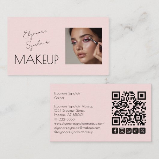 Blush Pink Script Social Icon QR Code Photo Makeup 名刺 (正面/裏面)