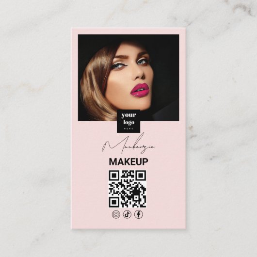 Blush Pink Script Social Icon QR Code Photo Makeup 名刺 (正面)