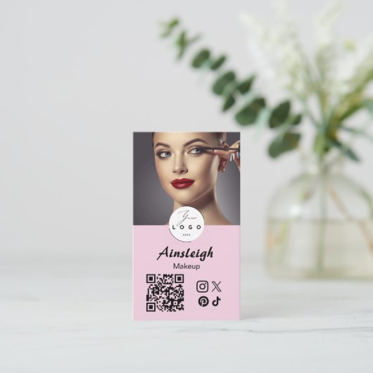 Blush Pink Script Social Icon QR Code Photo Makeup 名刺 (スタンド正面)