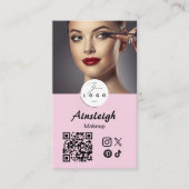 Blush Pink Script Social Icon QR Code Photo Makeup 名刺 (正面)