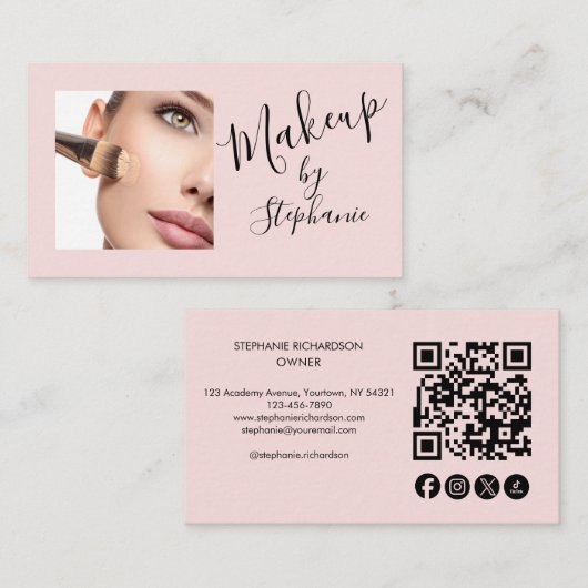 Blush Pink Script Social Icon QR Code Photo Makeup 名刺 (正面/裏面)