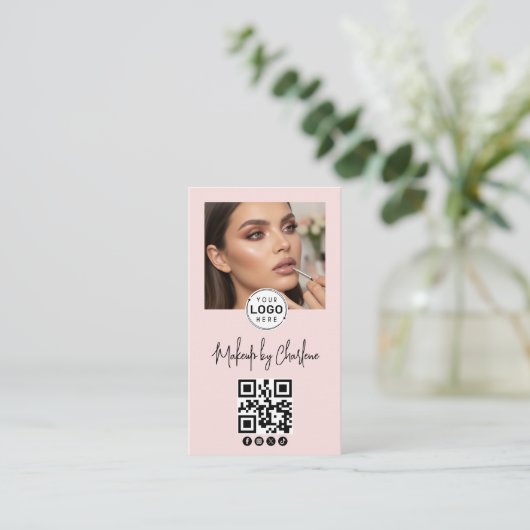 Blush Pink Script Social Icon QR Code Photo Makeup 名刺 (スタンド正面)