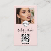 Blush Pink Script Social Icon QR Code Photo Makeup 名刺 (正面)