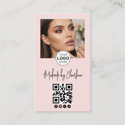 Blush Pink Script Social Icon QR Code Photo Makeup 名刺 (正面)
