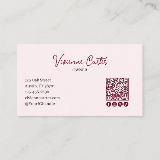 Blush Pink Script Social Icon QR Code Photo Makeup 名刺 (裏面)