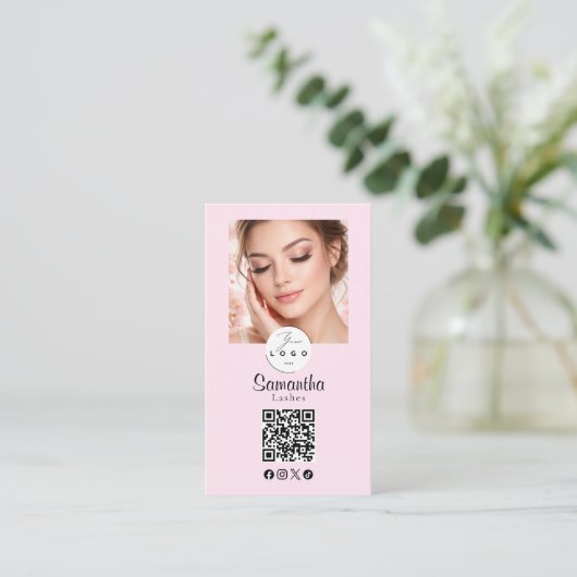 Blush Pink Script Social Icon QR Code Photo Makeup 名刺 (スタンド正面)