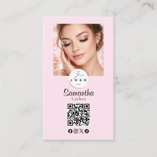 Blush Pink Script Social Icon QR Code Photo Makeup 名刺 (正面)