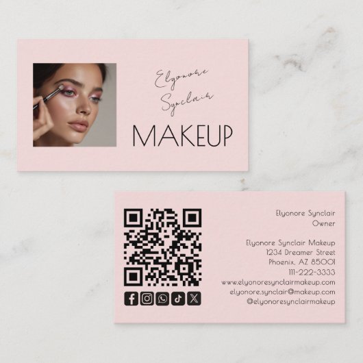Blush Pink Script Social Icon QR Code Photo Makeup 名刺 (正面/裏面)