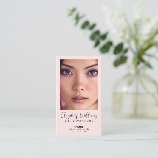 Blush Pink Script Social Icon QR Code Photo Makeup 名刺 (スタンド正面)
