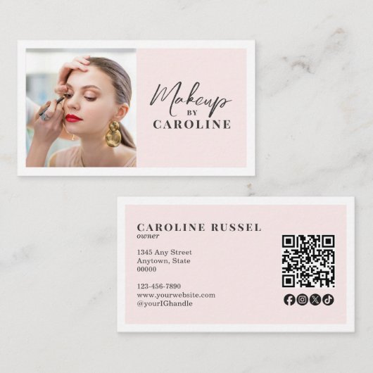 Blush Pink Script Social Icon QR Code Photo Makeup 名刺 (正面/裏面)