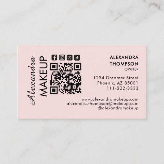 Blush Pink Script Social Icon QR Code Photo Makeup 名刺 (裏面)