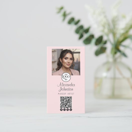 Blush Pink Script Social Icon QR Code Photo Makeup 名刺 (スタンド正面)