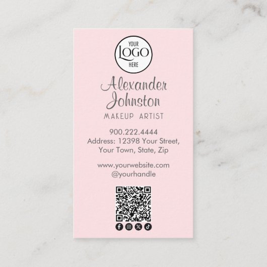 Blush Pink Script Social Icon QR Code Photo Makeup 名刺 (裏面)