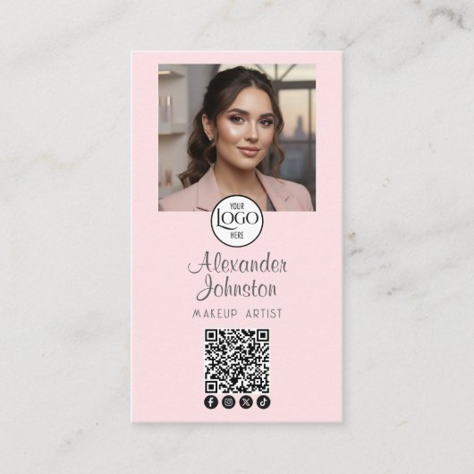 Blush Pink Script Social Icon QR Code Photo Makeup 名刺 (正面)