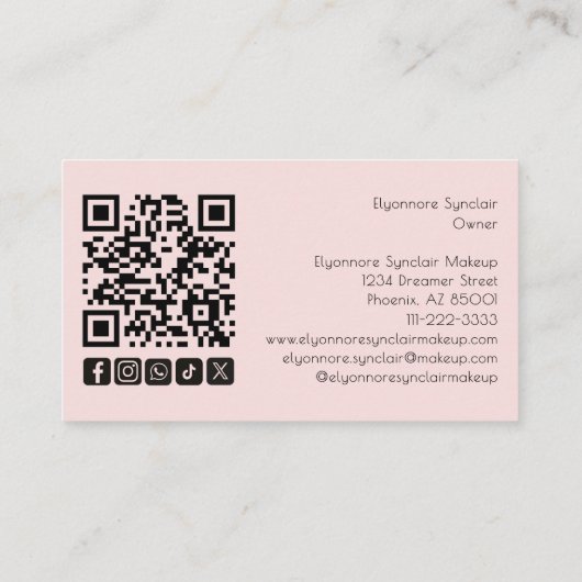 Blush Pink Script Social Icon QR Code Photo Makeup 名刺 (裏面)
