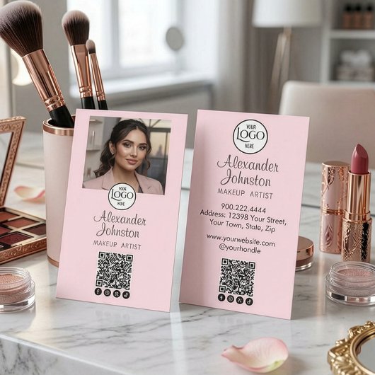 Blush Pink Script Social Icon QR Code Photo Makeup 名刺