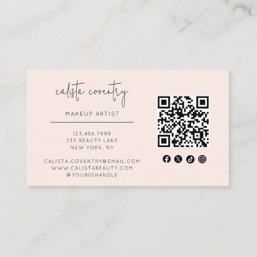 Blush Pink Script Social Icon QR Code Photo Makeup 名刺 (裏面)