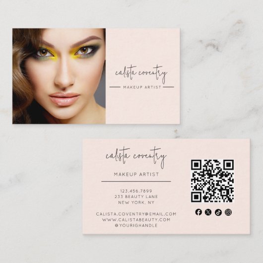Blush Pink Script Social Icon QR Code Photo Makeup 名刺 (正面/裏面)