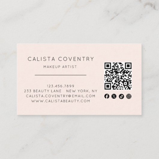 Blush Pink Script Social Icon QR Code Photo Makeup 名刺 (裏面)