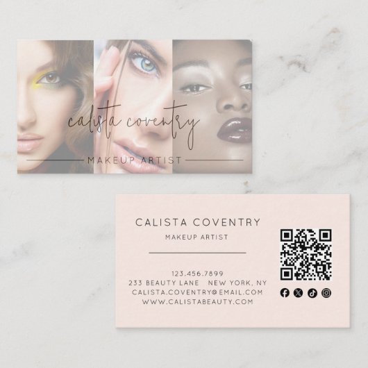 Blush Pink Script Social Icon QR Code Photo Makeup 名刺 (正面/裏面)