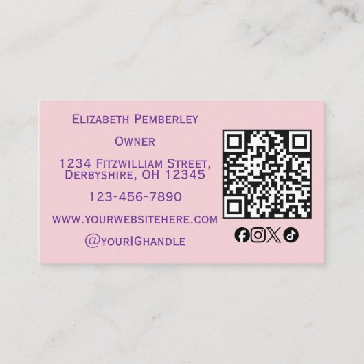 Blush Pink Script Social Icon QR Code Photo Makeup 名刺 (裏面)