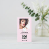 Blush Pink Script Social Icon QR Code Photo Makeup 名刺 (スタンド正面)